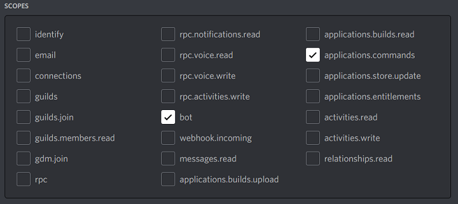 The scopes checkbox with "bot" and "applications.commands" ticked.