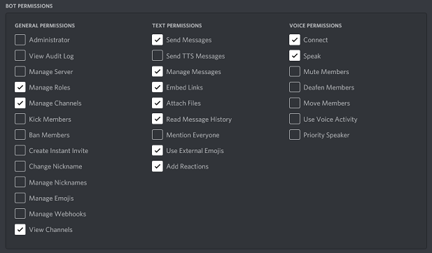 The permission checkboxes with some permissions checked.
